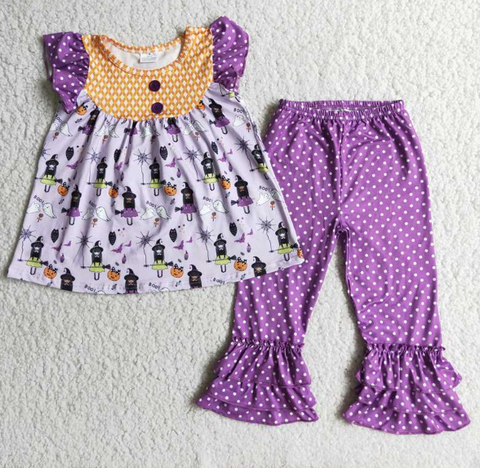 D2-3 Halloween Flying Sleeve Purple Polka Dot Pants Set