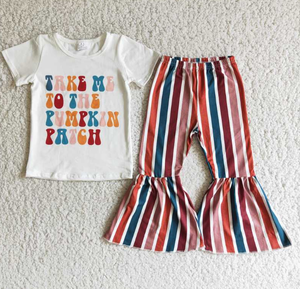 D6-19 Letter Short Sleeve Top Striped Flared Pants Set