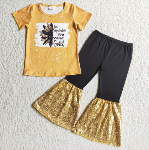 E4-29 Sunflower Orange Initiative Sequined Flared Pants Outfit set