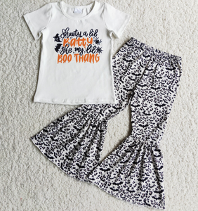 D4-19 Letter Short Sleeve Top Bat Flare Pants Set