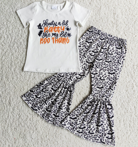D4-19 Letter Short Sleeve Top Bat Flare Pants Set