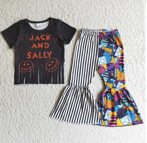 E4-12 JACK SALLY halloween fringed top striped panel flared pants
