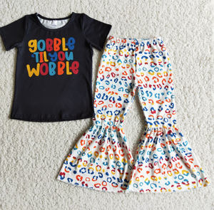 E4-1 gobble letter black short-sleeved leopard-print flared pants set