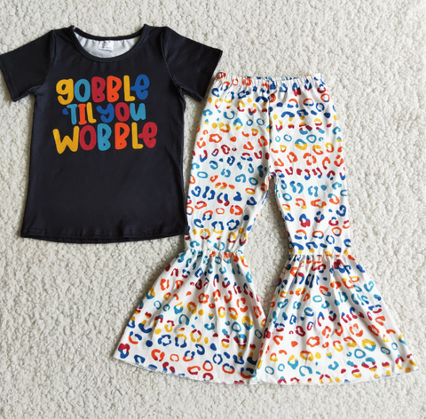 E4-1 gobble letter black short-sleeved leopard-print flared pants set