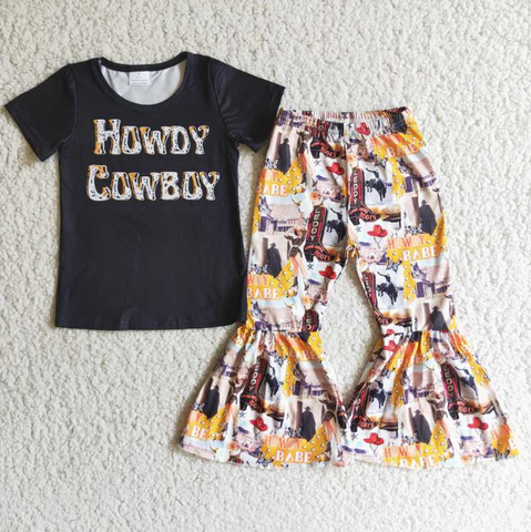 E4-15 Black cow boy short sleeve top and flared pants set