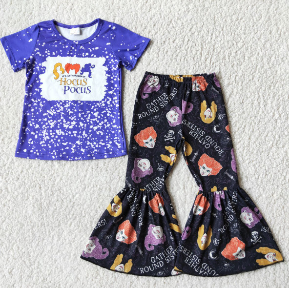 E3-17 Tricolor hairstyle letter purple top man halloween flared pants set