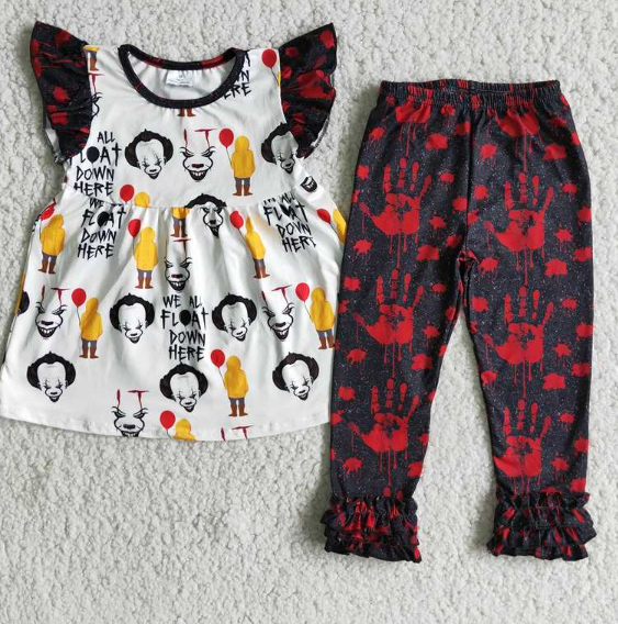 E4-14 Halloween Balloon Fly Sleeve Top Red Palm Trousers Set