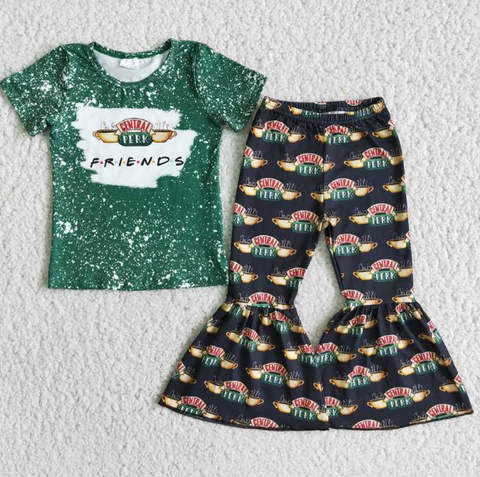 E1-4 FRIENDS Green Short Sleeve Top Flared Pants Set