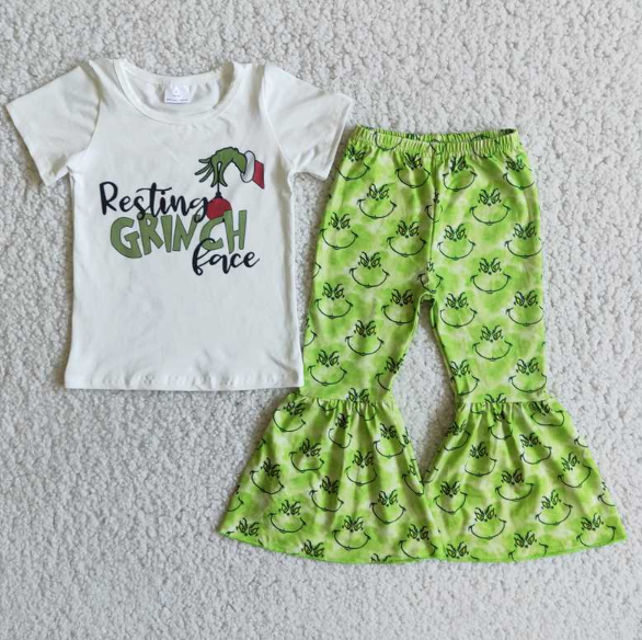 E3-30 White Short Sleeve Top Green Flared Pants Set