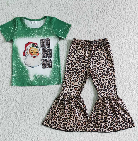 D1-5 Santa's Green Short Sleeve Top Leopard Print Flared Pants Set