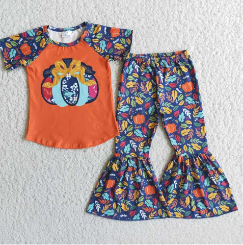 E1-3 Orange Pumpkin Top Pumpkin Leaf Flare Pants Set