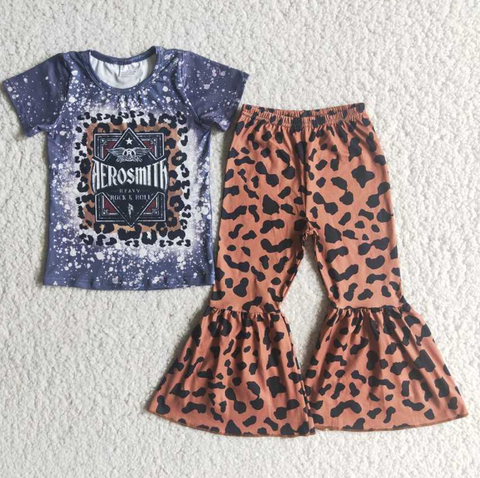 D5-20 Letter Short Sleeve Top Leopard Print Flared Pants Set