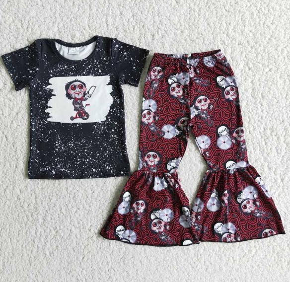 E2-17 Halloween Black Short Sleeve Brown Flared Pants Set