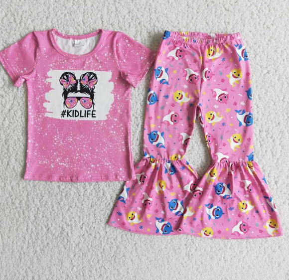 E2-14 KIDLIFE Glasses Girls Short Sleeve Top Shark Flare Pants Set