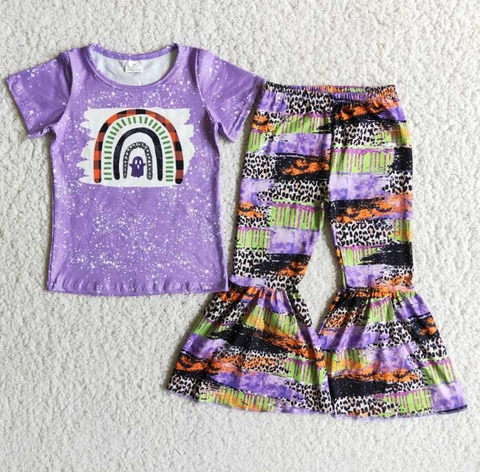 D2-14 Halloween Purple Short Sleeve Leopard Flared Pants Set