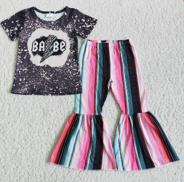 D3-13 BABE Black Short Sleeve Striped Flared Pants Set