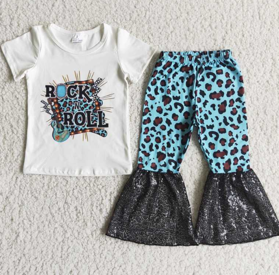 D4-15 ROCK Lettering Short Sleeve Top Blue Leopard Sequin Flare Pants set