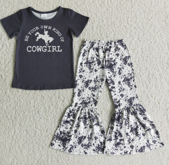 D4-27 COWGIRL Black Riding Short Sleeve Pattern Flared Pants Set