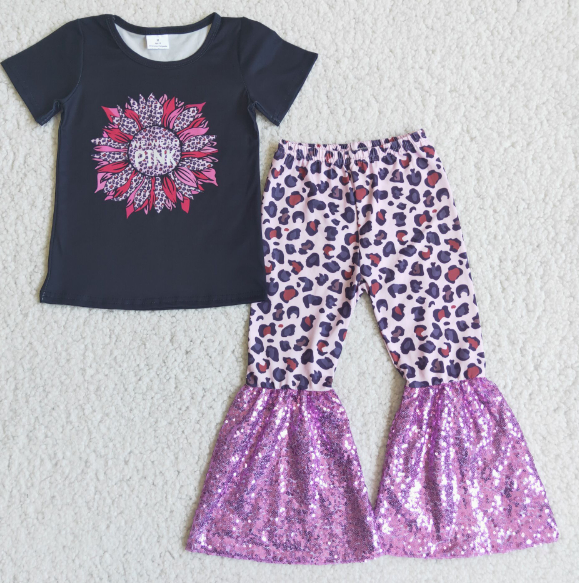 C4-21 Sunflower Black Short Sleeve Purple Leopard Sequin Flare Pants set
