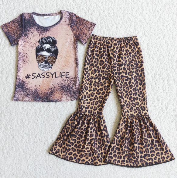 C3-22 SASSYLIFE Letter Short Sleeve Leopard Print Flared Pants set