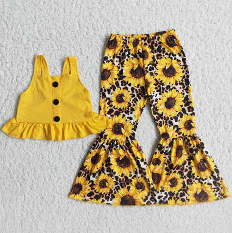 C8-22 Yellow Button-Up Top Sunflower Flared Pants Outfit set
