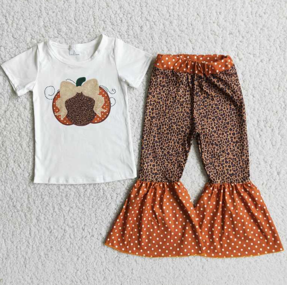 C10-14 Pumpkin Bow Top Leopard Polka Dot Flared Pants set
