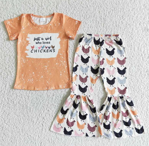 A2-9 CHICKEN Short Sleeve Top Chicken Pattern Flared Pants Set