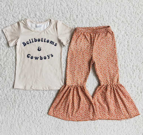 B14-13 cow boys gray letter top floral flared pants set