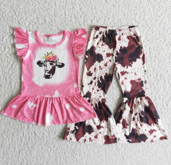 C8-13 Bull Tau Pink Short Sleeve Top Ink Pattern Flared Pants Set