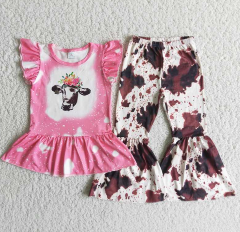 C8-13 Bull Tau Pink Short Sleeve Top Ink Pattern Flared Pants Set