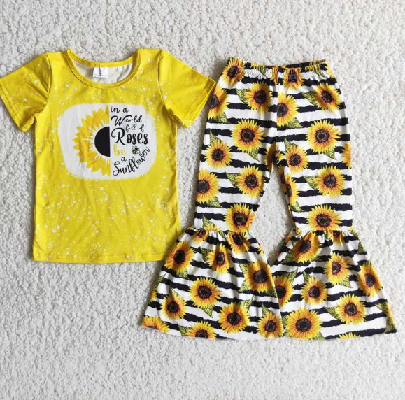 C12-12 Yellow Sunflower Short Sleeve Sunflower Stripe Flared Pants Set