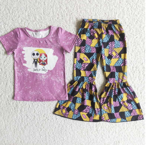 C9-13 Halloween Horror Night Short Sleeve Geometric Flared Pants Set