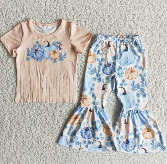 C10-9 Pumpkin Fringe Top Flare Pants Set
