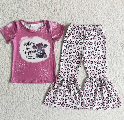 C3-24 Bull Head Letter Short Sleeve Rose Red Leopard Print Flared Pants Set