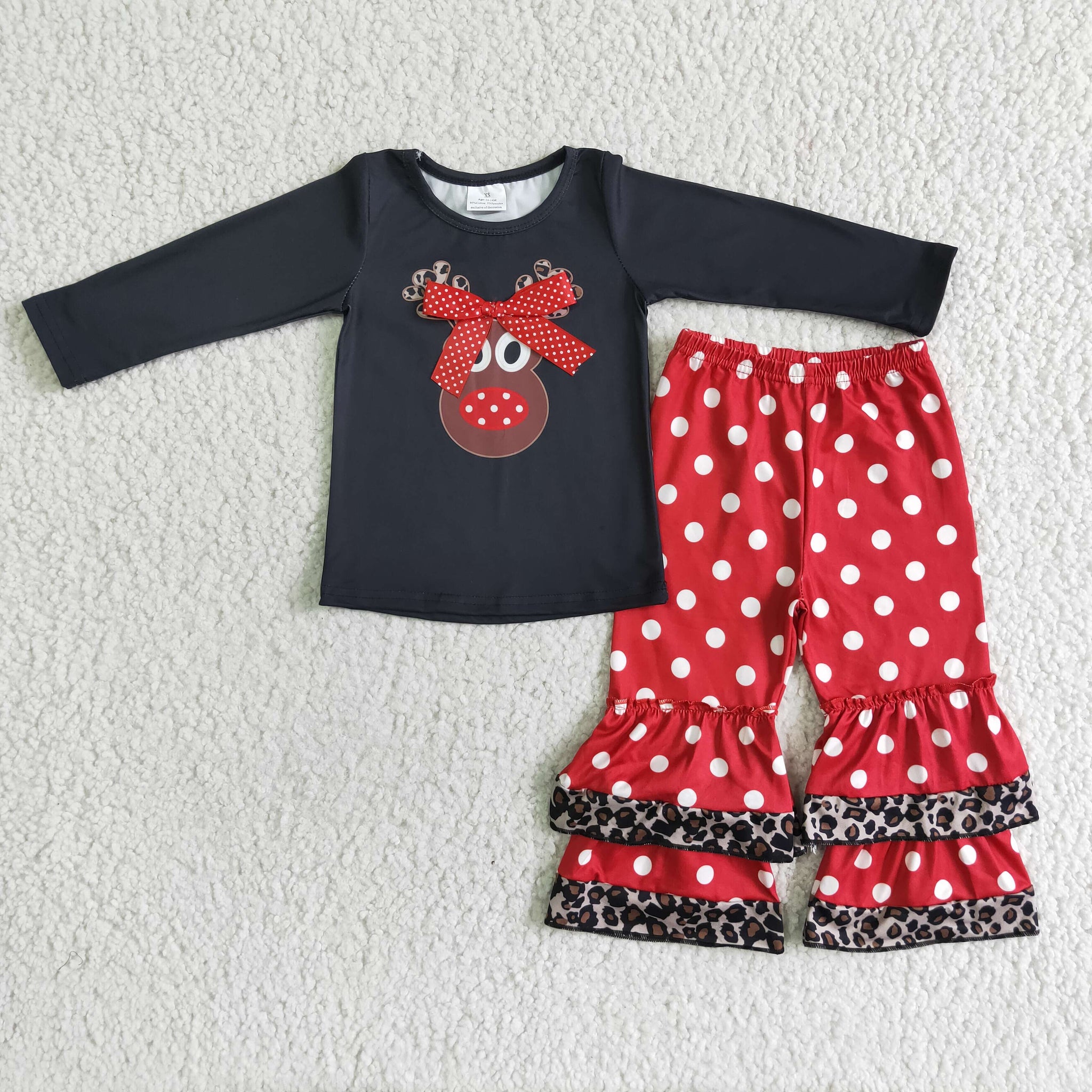Christmas fawn bow top red polka dots set