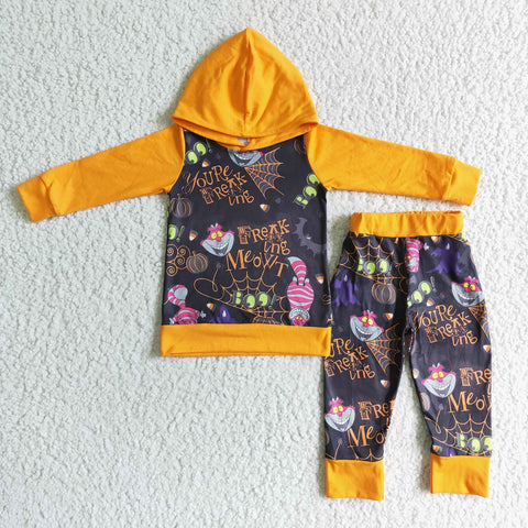 Boys Halloween Striped Cat Hooded Long Sleeve Pants Set