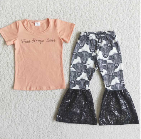 C13-5 Letter Short Sleeve Bull Head Flared Pants set