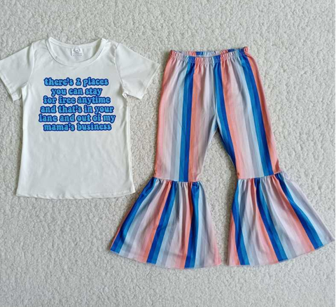 D10-15 Letter Short Sleeve Multicolor Striped Flare Pants set