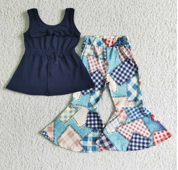 D9-30 Sleeveless Top Checkered Stripe Patch Flare Pants set