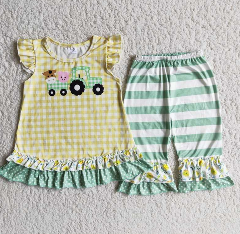D9-12 Pig Cow Green Truck Small Flying Sleeve Striped Pants set