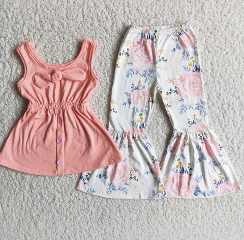 D8-15 Double Shoulder Bow Coral Trousers Floral Set