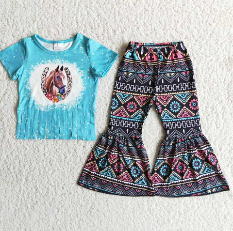 D6-13 Horse fringed top pattern flared pant set