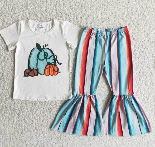 D5-28 Tricolor Pumpkin Short Sleeve Striped Flared Pants Set