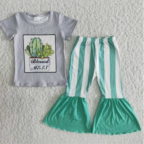B6-22 Grey Cactus Green Striped Flared Pants set