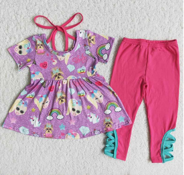 B18-5 girl and dog rose red strappy pants set