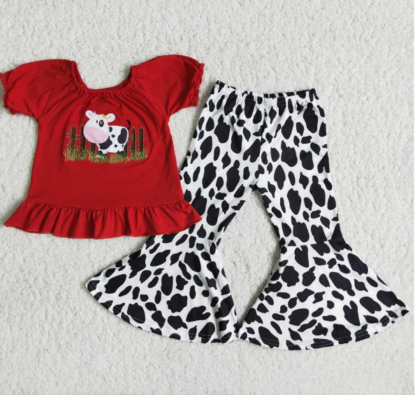 B18-13 Embroidered Cow Farm Black and White Pants Set