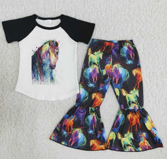 B8-4 Colorful Horse Short Sleeve Flared Pants Set