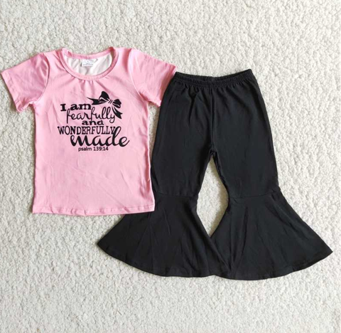 Pink Short Sleeve Made Black Flared Pants set