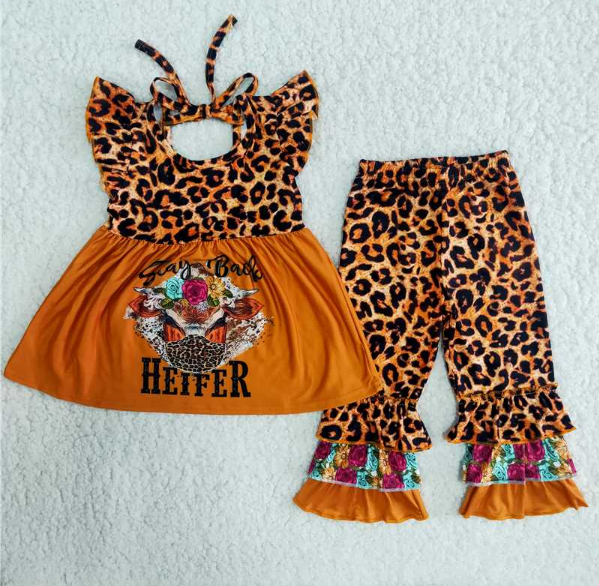 B10-14 heifer sleeveless top dress Three-layer leopard-print pants set