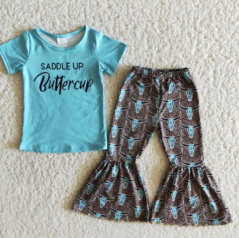 B11-2 Blue Letter Short Sleeve Leopard Print Bull Head Set